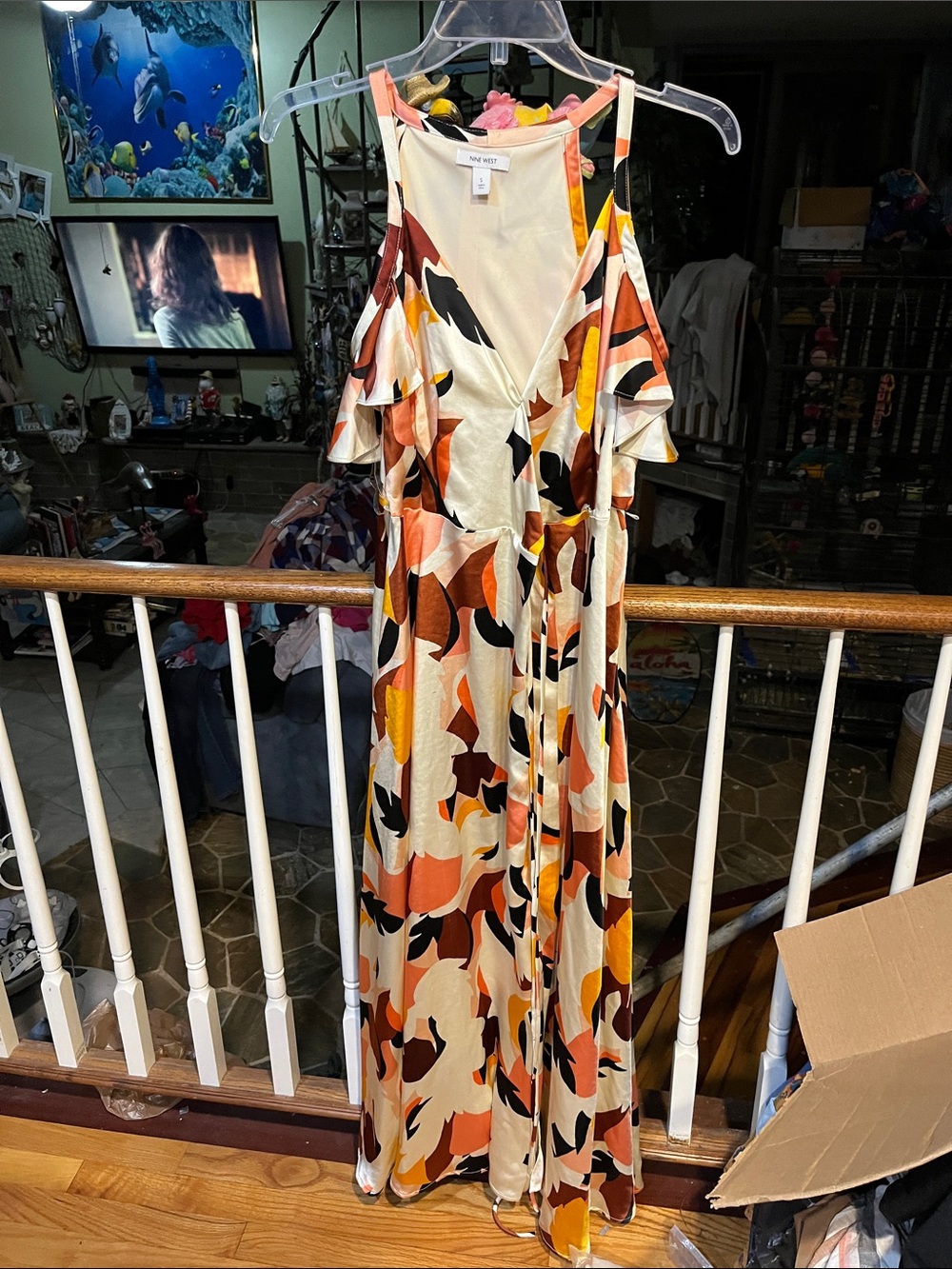 Maeve Abstract Print Cold-Shoulder Maxi Dress in Cream, Orange, Brown